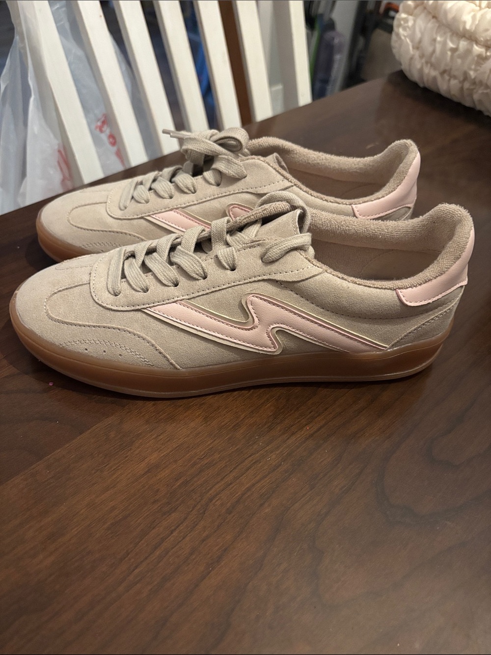 Madden Girl Beige Suede Sneakers with Pink Trim